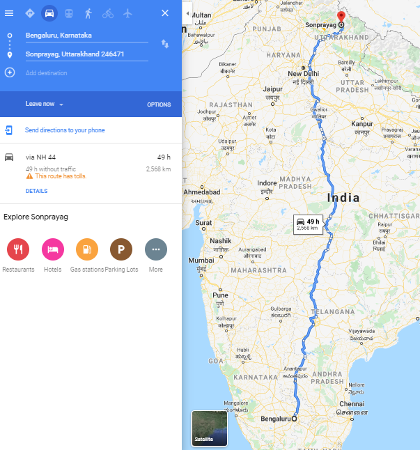 bangalore-to-kedarnath-route-map