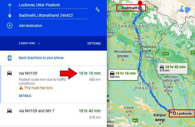 lucknow to badrinath distance and route by road google map