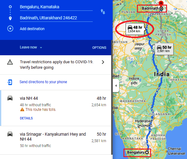 bangalore to badrinath route map