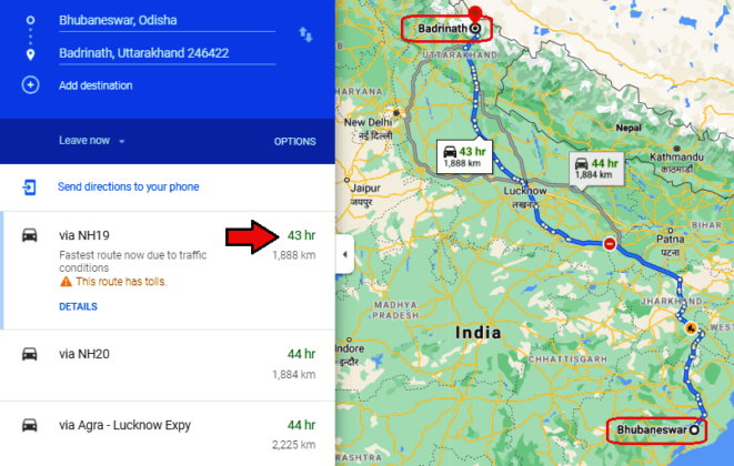 Bhubaneswar To Badrinath Route Map 661x420 