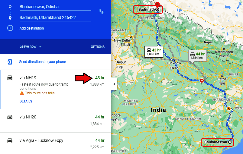 bhubaneswar to badrinath route map