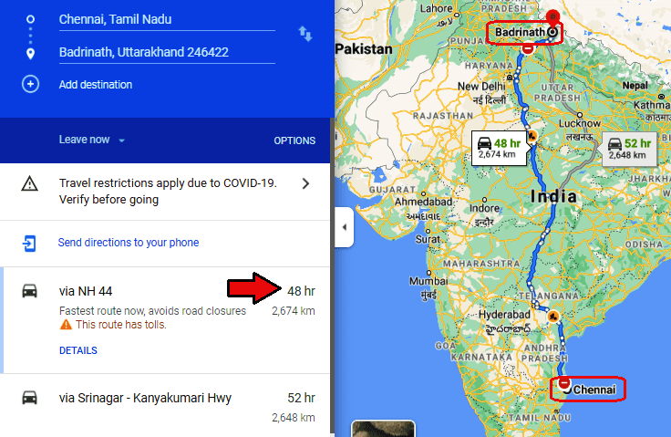 chennai to badrinath route map