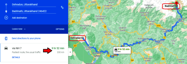 Dehradun To Badrinath Route Map 768x263 