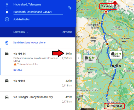 Hyderabad To Badrinath Route Map 513x420 