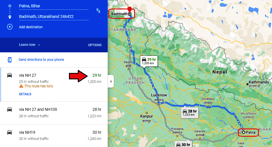 patna to badrinath route map