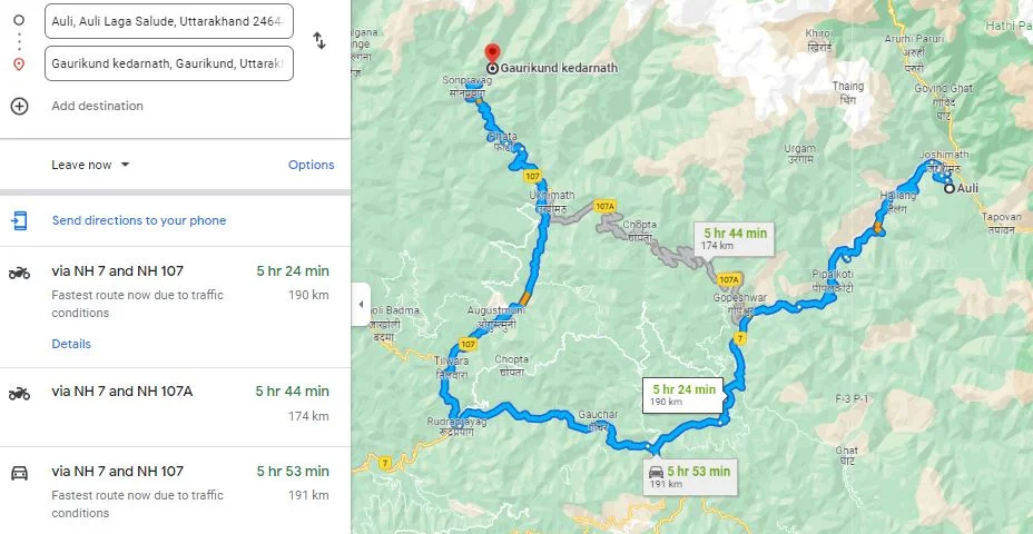 auli to kedarnath distance