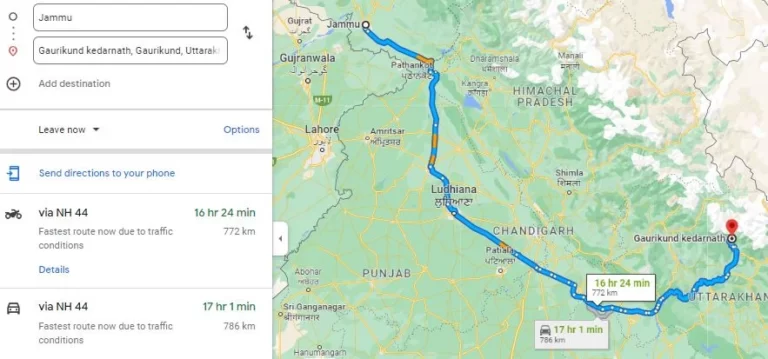 jammu to kedarnath distance